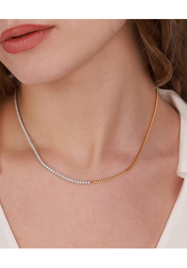 Yarısı Suyolu Yarısı Gurmet Zincir Çift Renkli Choker Gümüş Kolye