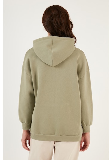 Lela Regular Fit Pamuklu Kapüşonlu Yaka Şardonlu Kışlık Bayan Sweat 5863854 Olive