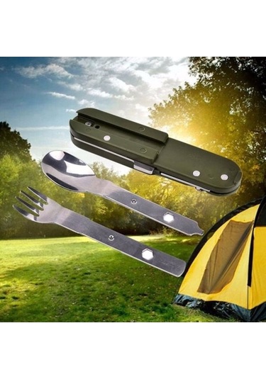 Fastbuy Çatal Kaşık, Katlanabilir Taşınabilir Ordu Yeşili Piknik Çatal Bıçak Takımı Paslanmaz Çelik Spork Çatal Seyahat Seti