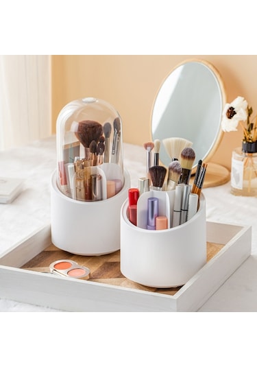 Sones Qy7155 Makyaj Fırçaları İçin Şeffaf Döndürülebilir Toz Geçirmez Saklama Kovası Beyaz