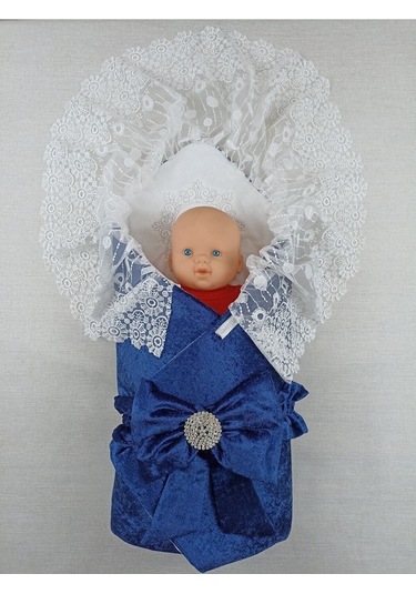 Kadife Kız Bebek Battaniyesi Dantelli Kundak Hastane Çıkışı Yenidoğan %100 Doğal Pamuktan Hediyelik Lacivert