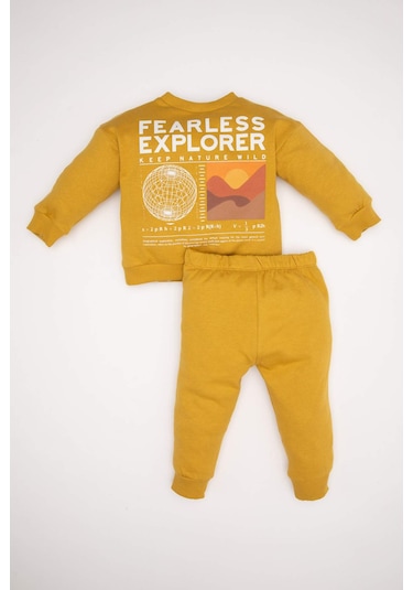 DeFacto Erkek Bebek 2'li Takım Baskılı Bisiklet Yaka Sweatshirt Beli Lastikli Eşofman Altı D5938A524WNYL310 Sarı