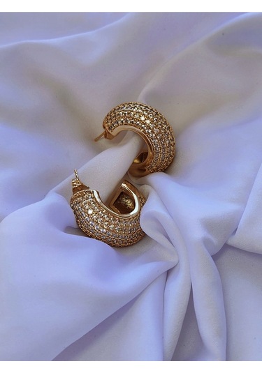 Yarım Halka Boru Model Full Taşlı Elegant Altın Kaplama Gold Renkli Çelik Küpe Gold