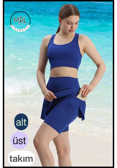 Kadın Takım Alt - Üst Biker Şort Diz Üstü &crop Bra Ped Destekli Denizde Havuzda Sporda Mavi Mavi