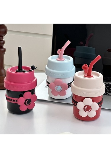 Çiçek Hasır Termos Bardak, Kadın Su Bardağı, Yüksek Görünüm Eşlik Eden Fincan, Sevimli Kahve Fincanı, Paslanmaz Çelik Çocuk Öğrenci Su Bardağı, 400ml Zg1qky Diğer