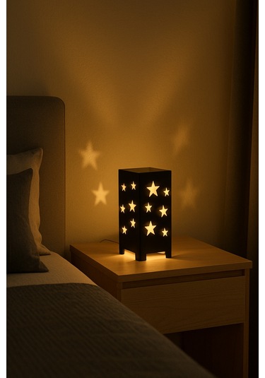 Yıldız Desenli Kablolu Metal Gece Lambası Dekoratif Led Aydınlatmalı Masa Lambası Siyah