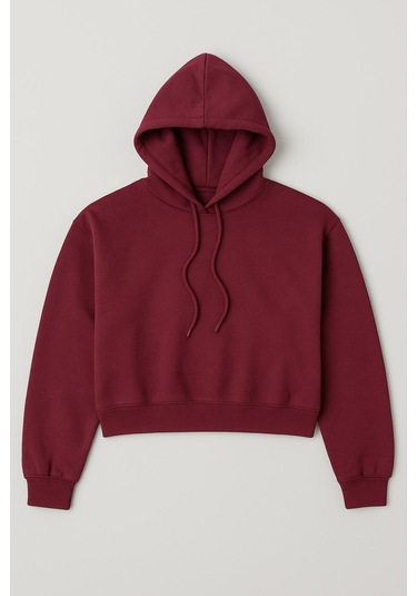 Üç İplik Kapüşonlu Crop Sweat Bordo