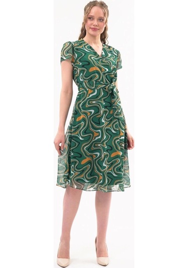 Kadın Desenli Kruvaze Yaka Midi Şifon Elbise 4445/110 Zümrüt Yeşili