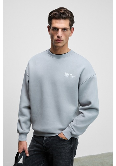 Ernest Erkek Organik Pamuklu Yumuşacık Baskı Detaylı Bisiklet Yaka İçi Polarlı Açık Gri Sweatshirt