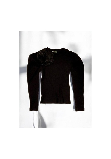 Kız Çocuk Kol Detaylı Çiçekli Fitilli Bluz-14802 Siyah