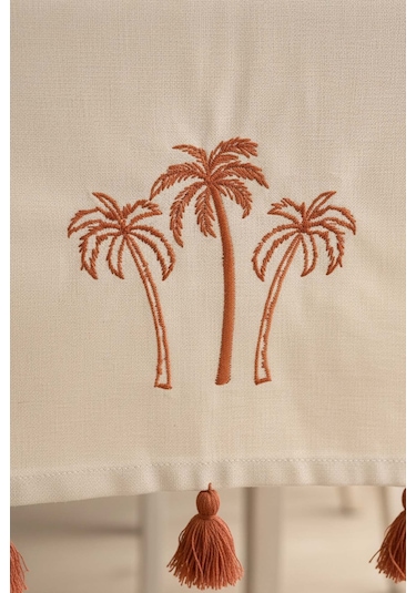 Palmiye Nakışlı Buldan Kumaş Runner 50x130 Cm Krem