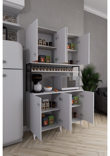 Nexar Kavhe Köşesi 8 Raflı Çok Amaçlı Mutfak Dolabı Beyaz Beyaz