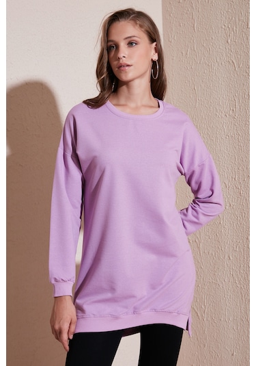 Lela Modest Pamuklu Bisiklet Yaka Oversize Fit Bayan Tunik 5864896 Lila