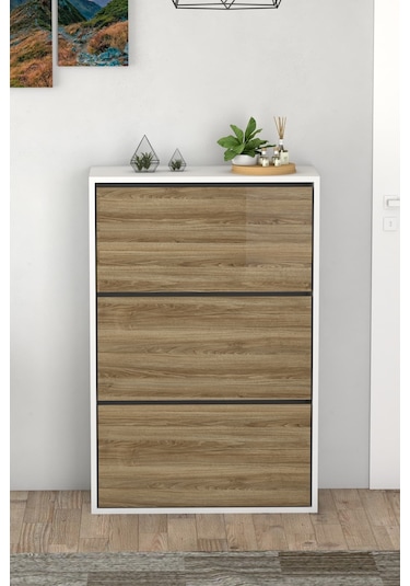 3 Kapaklı Kayar Raflı Ayakkabılık Çam Çam