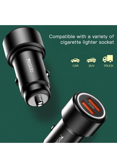 Sones Yesido Y43 Çift Usb Bağlantı Noktalı Araç Hızlı Şarj Cihazı Çakmak 36w Araç Şarj Cihazı