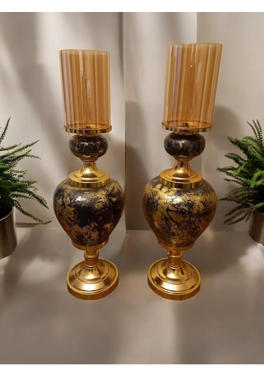 2'li Set Uzun Şamdan Mumluk - Gold Gold