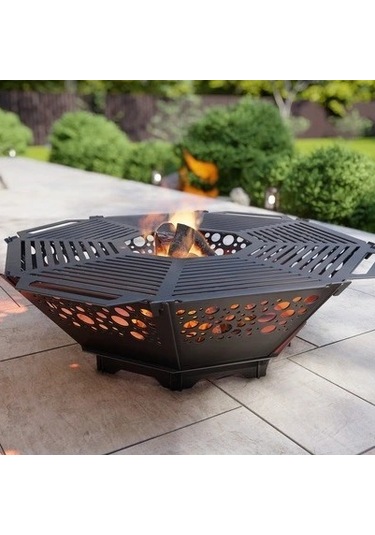 Oktagon Ateş Çukuru Izgaralı Sekizgen Barbekü Bahçenize Dekoratif Siyah
