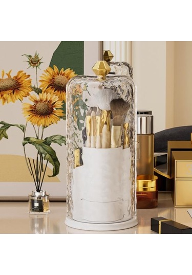 Şeffaf Kapaklı Makyaj Fırçası Saklama Kutusu Büyük Kapasiteli 360 Derece Dönen Makyaj Fırçası Şeffaf