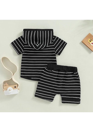 Haki Erkek Bebek Yaz Kıyafetleri Çizgili Kısa Kollu Kapşonlu Kazak Ve Günlük Elastik Büzgülü Şort Takım 0 - 6 Ay Haki