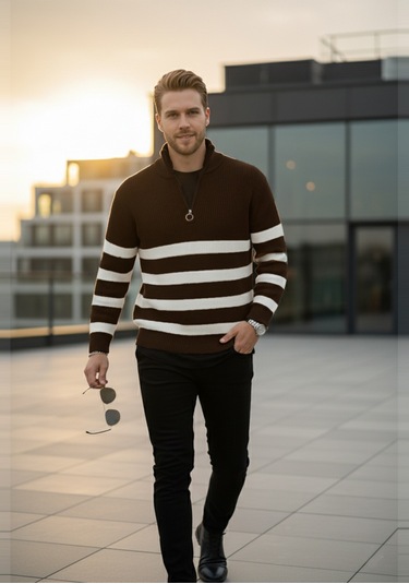 Deepsea Erkek Kahve Yarım Fermuarlı Oversize Kesim Triko Kazak Pamuklu Yumuşak Örgü Çizgili Kazak 2608513 Kahve Deepsea Erkek Kahve Yarım Fermuarlı Oversize Kesim Triko Kazak Pamuklu Yumuşak Örgü Çizgili Kazak 2608513 Kahve