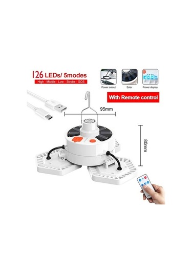 Pazly Güneş Enerjili 126 Led Kamp Feneri, Acil Durum Işığı, Usb Şarj Beyaz Beyaz