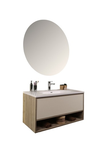 Kobos Elegant 100 Cm Banyo Dolabı Seti Light Walnut + Luna Ahşap