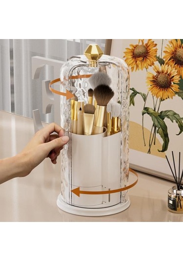 Şeffaf Kapaklı Makyaj Fırçası Saklama Kutusu Büyük Kapasiteli 360 Derece Dönen Makyaj Fırçası Şeffaf