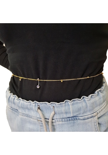 Chavin Zincirli Bele Bağlamalı Taşlı Çelik Göbek Piercing En43Sr