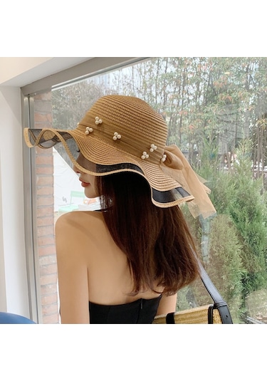 Şık Ve Zarif Bayanlar İçin İnci Detaylı Hasır Örgü Yazlık Güneş Şapkası Yeşil