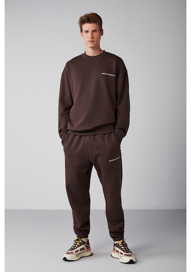 Marshall Erkek Pamuklu Içi Polarlı Nakışlı Relaxed Kahverengi Eşofman Takımı