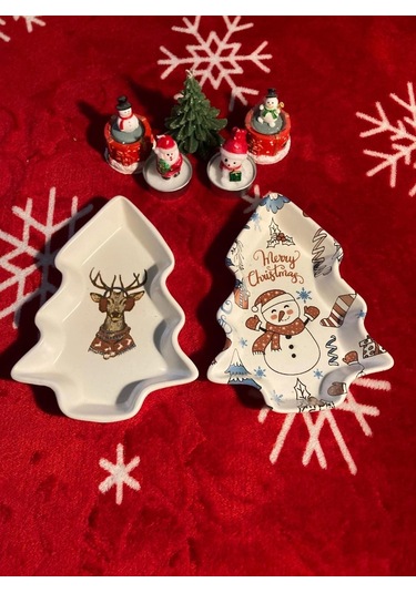 Yılbaşı Temalı 2'li Ağaç Tasarımlı Desenli Seramik Sunum Servis Tabağı 17x12 Cm Geyikli Ve Kardan Adamlı