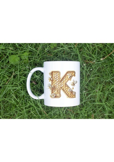 K Harfi Bal Arısı Tasarım Kupa Bardak - Bal Ve Petek Desenli Kişiye Özel Kahve Kupası - Hediyelik Beyaz