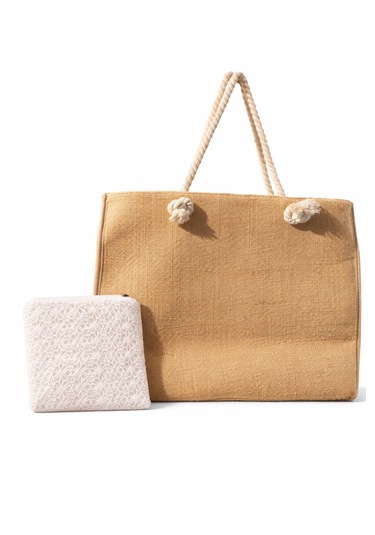 Jüt Tote Çanta - Fermuarlı- 54 34 Cm- Aquatolia - Plaj Çantası Bej