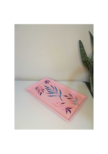 El Boyaması Desenli Ahşap Tepsi Pembe