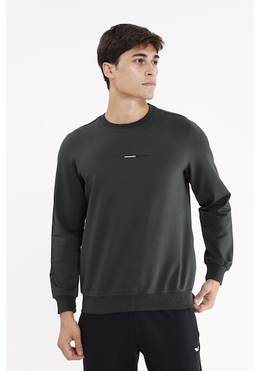 Rowinger Minimal Göğüs İşlemeli Rahat Kalıp Esnek Manşetli Mevsimlik Bisiklet Yaka Sweatshirt Haki