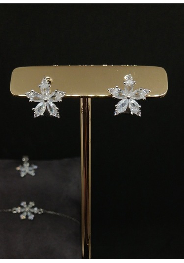 Çiçek Motifli Taşlı Gümüş Takı Seti 925 Ayar, Şık Ve Zarif Kadın Aksesuarı Gümüş