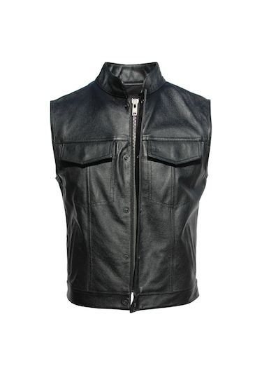 Hakiki Deri Motorcu Tarzı Yelek Siyah Renk Cepleri Fermuarlı