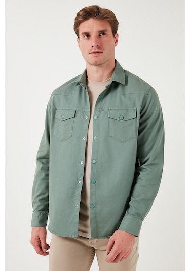 Buratti Pamuklu Regular Fit Çift Cepli Erkek Gömlek Cf24W116927 Haki