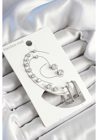 316l Çelik Dikdörtgen Figürlü Ve Zirkon Taşlı Gümüş Renk 7'li Çift Kadın Küpe Set Çok Renkli