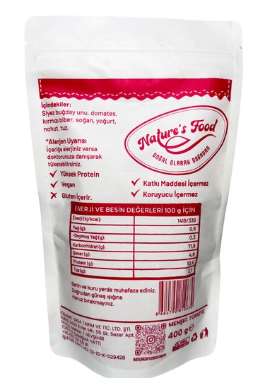 Siyez Bebek Tarhanası Siyez Buğday Unu, Domates, Tatlı Kırmızı Biber, Soğan, Yoğurt, Nohut, Az Tuzlu