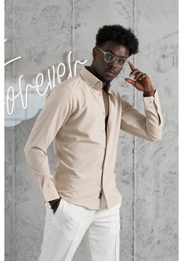 Advante Armürlü Likralı Yaka Düğmeli Slimfit Yazlık Gofre Kumaş Gömlek Kahve