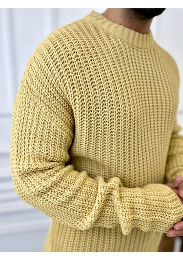 Kazak Oversize Çift Kat Zincir Örgü Naturel Pamuk Bol Kesim Tüylenmez Triko Kazak Hardal