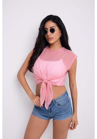 Önü Bağlamalı Tül Bluz Toz Pembe