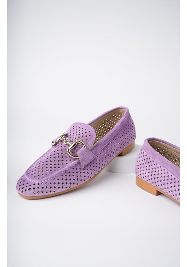 Muggo Phuket Garantili Metal Tokalı Lazerli Nefes Alabilen Deri Kadın Loafer Günlük Ayakkabı Mor