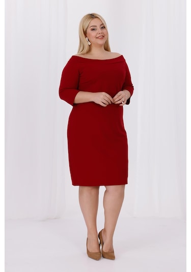 Kadın Bordo Carmen Yaka Truvakar Kol Büyük Beden Esnek Krep Elbise Bordo