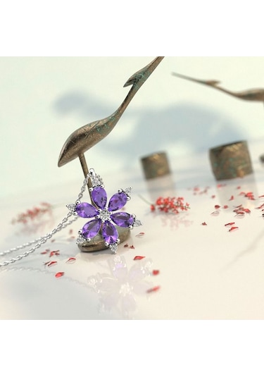 İndigo Takı Ametist Taşlı Lotus Çiçeği Beyaz Gümüş Kolye