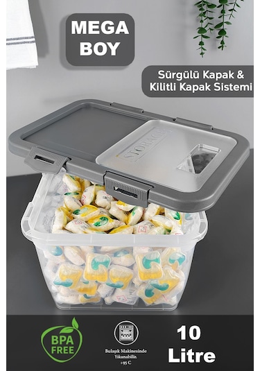 2 Adet Etiketli Deterjan Saklama Kutusu - Kilitli Kayar Kapak Tablet Toz Deterjan Kabı 10 Lt Gri Gri