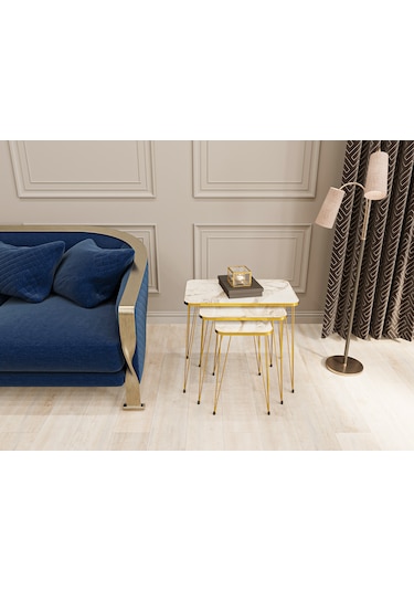 Zigon Sehpa 3'lü Dikdörtgen Gold Tel Ayaklı Beyaz Mermer-Gold