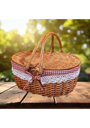 Homyl Piknik Sepeti Kırsal Pratik Hasır Depolama Park Açık Kırmızı Kareli