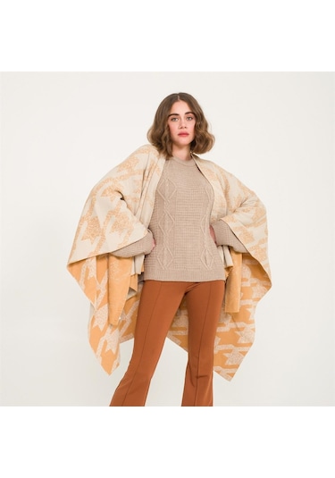 Kaz Ayağı Desen Çift Taraflı Triko Kadın Şal Panço-Safran-140X140 Safran